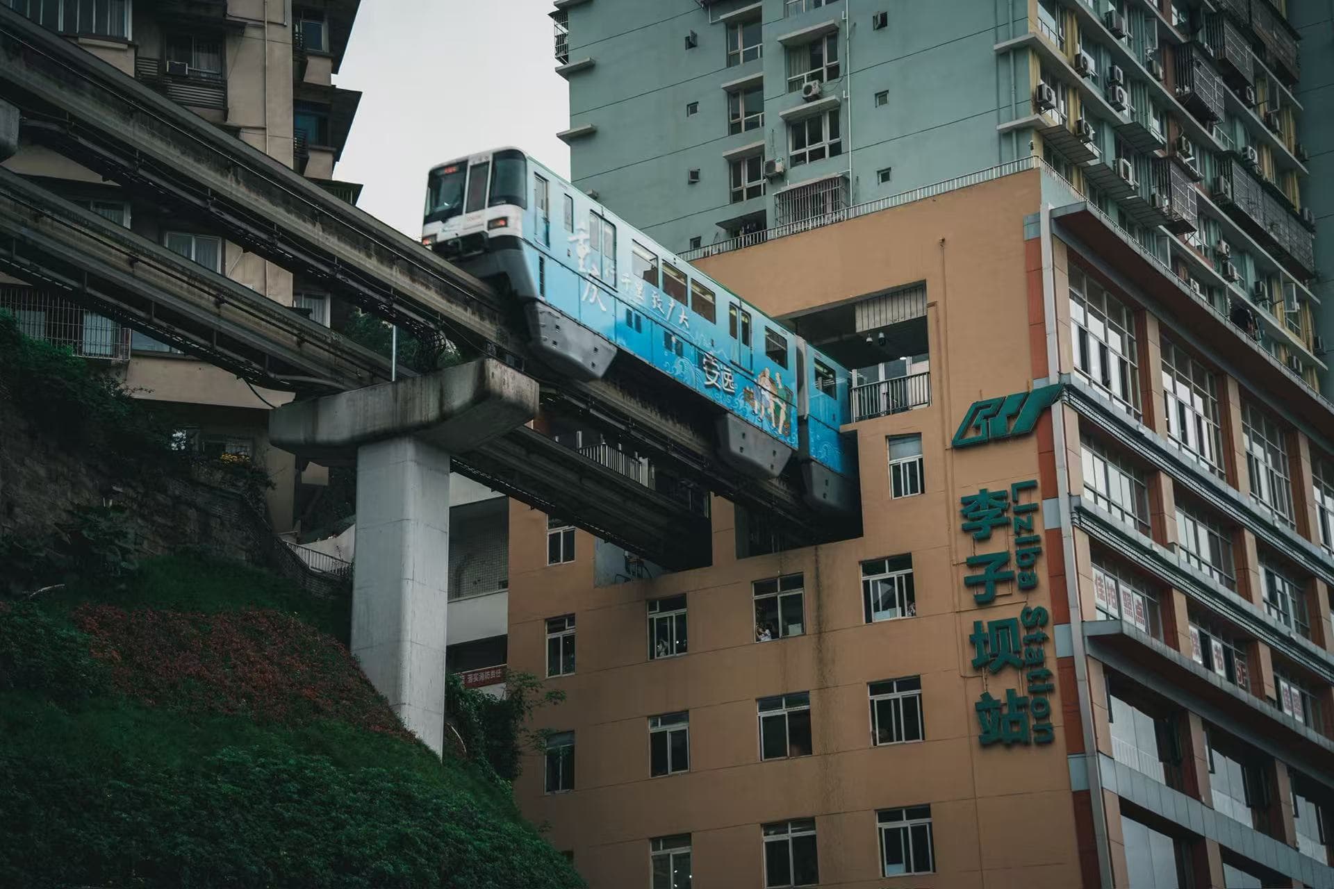 Train through building